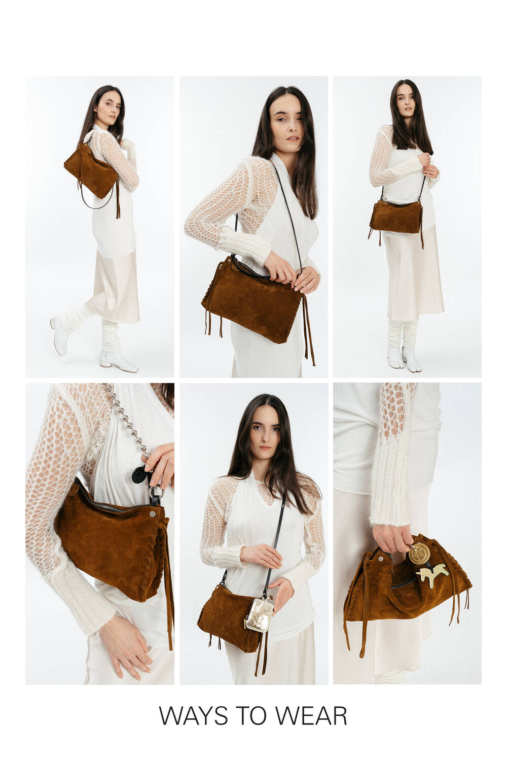 A woman in a white outfit demonstrates six stylish ways to wear or hold an INA KENT brown suede handbag, including over the shoulder, crossbody, hand-held, and as a chic clutch.