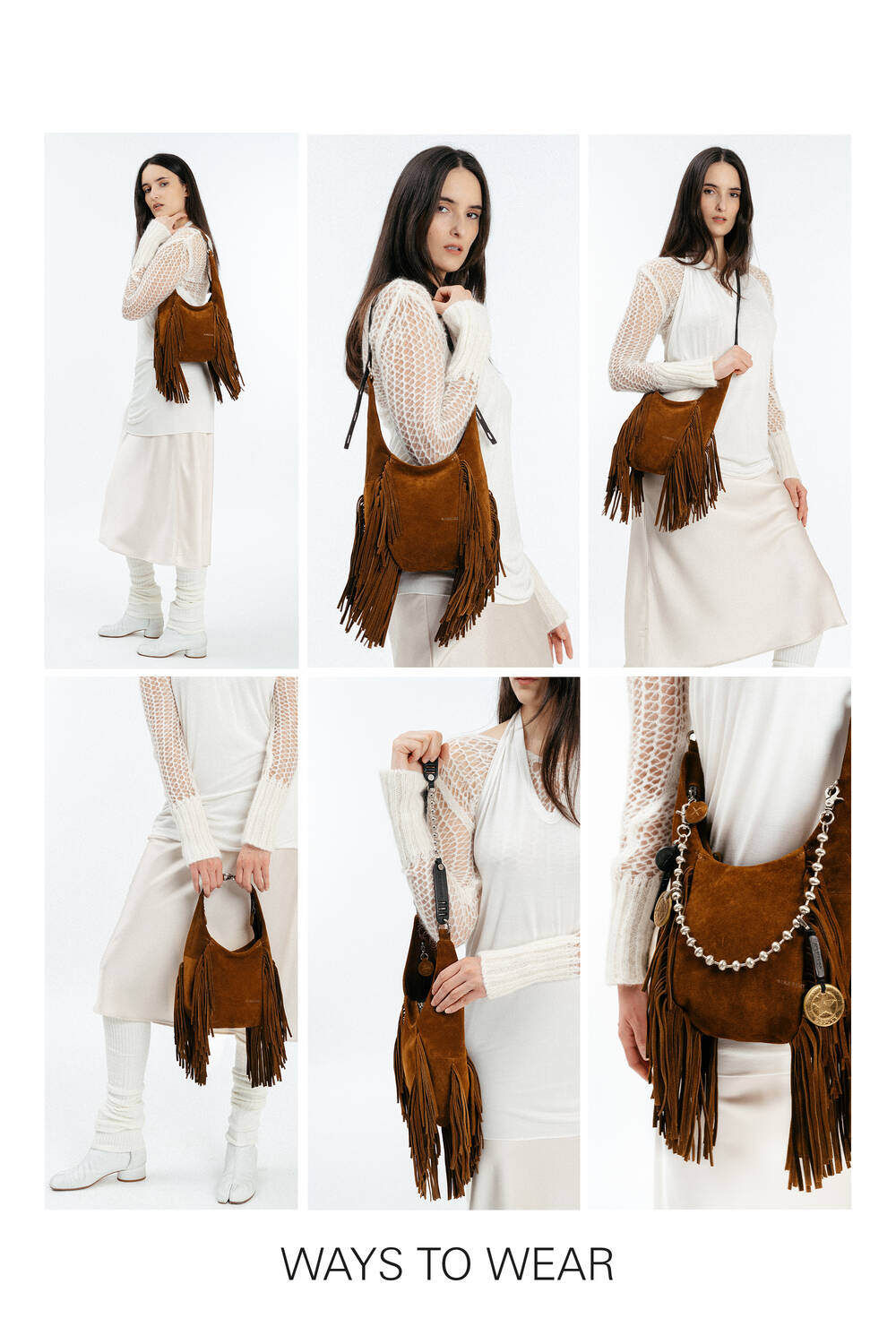 A woman in a white outfit demonstrates different ways to wear the INA KENT brown fringed shoulder bag, including over the shoulder, crossbody, and hand-held styles. The text reads, "WAYS TO WEAR.
