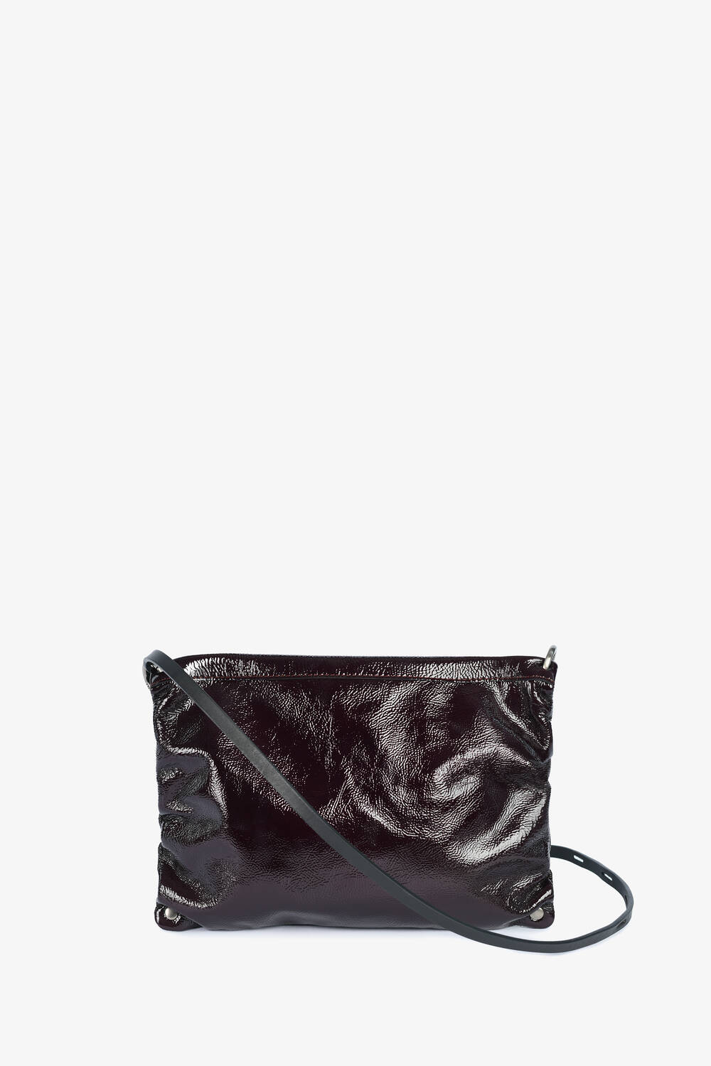 A small, black, shiny INA KENT leather crossbody bag with a long strap and gathered sides, set against a plain white background.