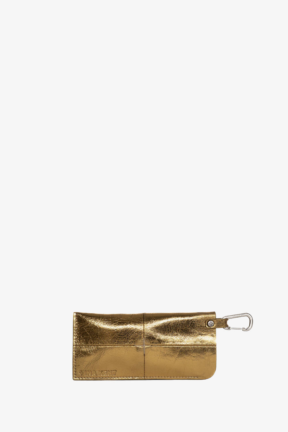 A metallic gold leather pouch by INA KENT featuring a flap closure and a silver carabiner clip attached to one end.