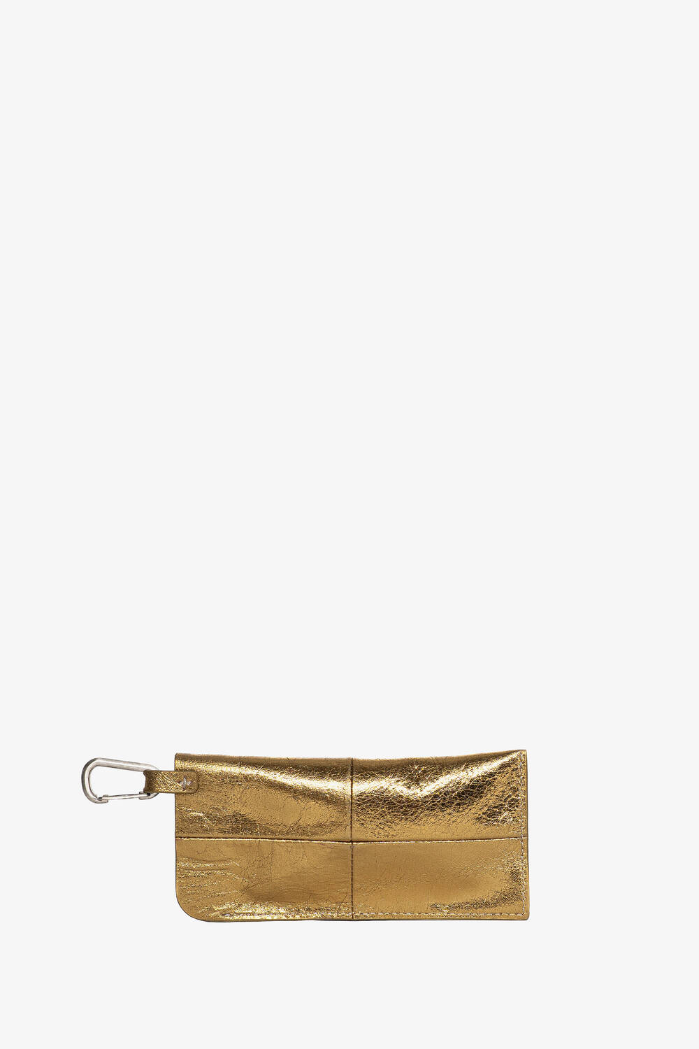 A metallic gold rectangular pouch by INA KENT with stitched details, a zipper closure, and a silver-colored carabiner clip attached on the left side, displayed on a white background.