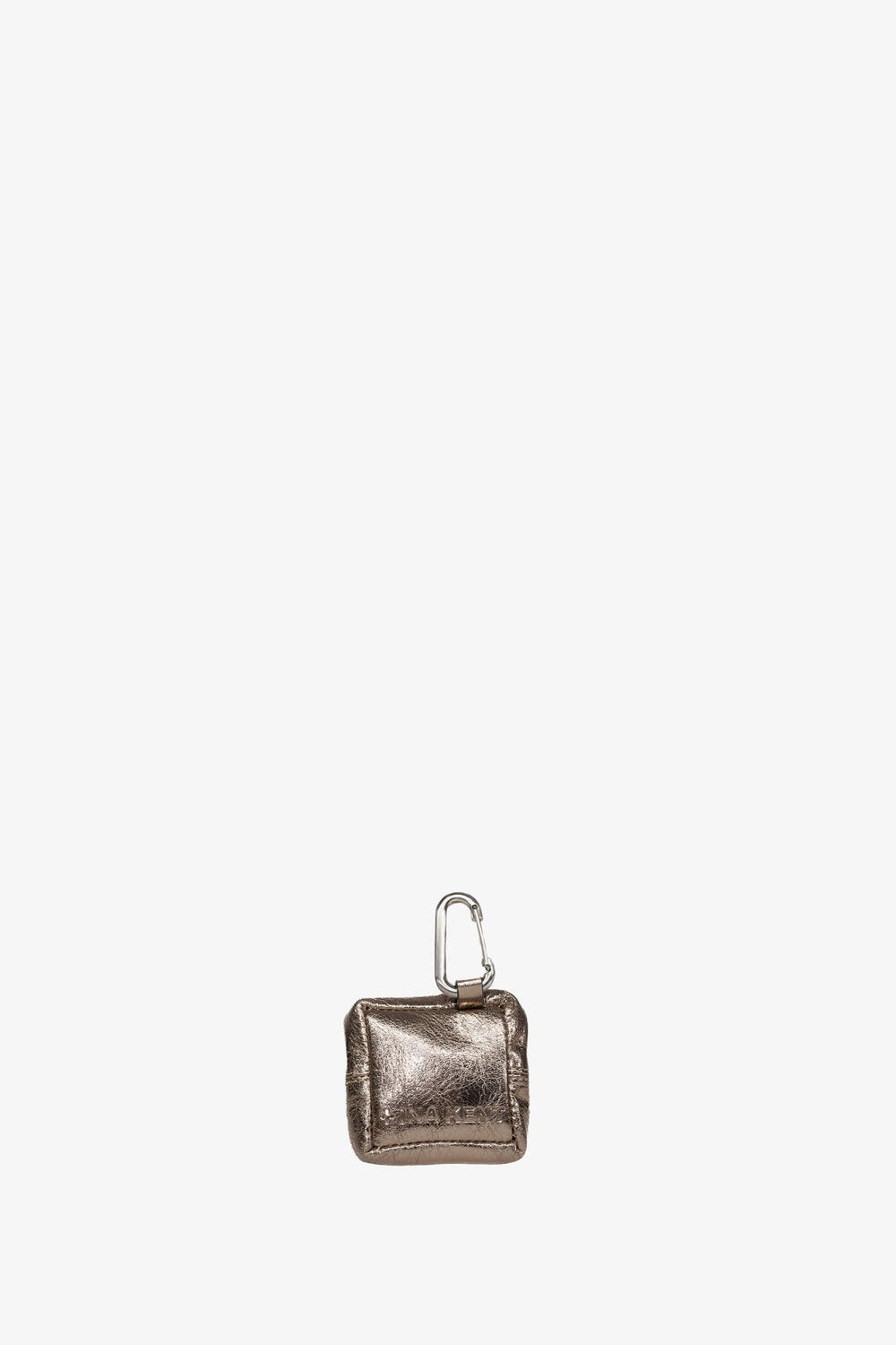 A small metallic INA KENT pouch with a carabiner clip attached at the top, displayed against a plain white background.