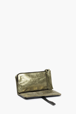 Interior view spacious wallet made of green shimmery metallic leather CHIEFY ed.1 crocodile black & crackled kiwi