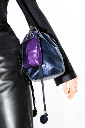 Micro bag X.LOMI ed.2 crackled purple made of shimmery metallic leather and bucket bag BUFFY ed.1 crackled navy