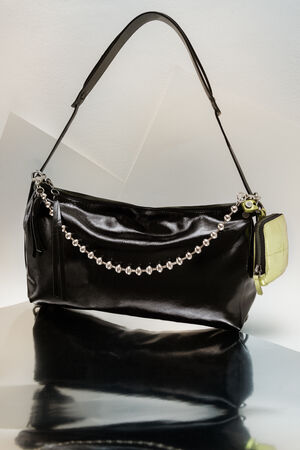 INA KENT Schultertasche aus schwarzem Lackleder DINKUM ed.2 patent black mit Kette BALL'N'CHAIN ed.1 kombiniert mit Mini Portemonnaie Microbag X.LOMI ed.2 in crackled lime 
