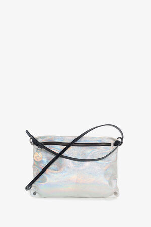 INA KENT Crossbody Bag MOONLIT ed.1 aus changierendem Metallic-Leder in silber mit schwarzen, längenverstellbarem Lederriemen