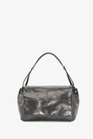 An INA KENT bag, this black leather shoulder piece boasts a single strap and a metallic sheen, featuring a front pocket and a simple, rectangular design.