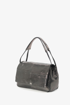 An INA KENT black leather handbag with a single top handle and a flap closure, photographed against a white background.