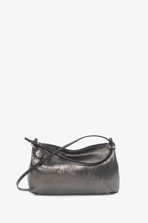 Eine kleine, metallisch graue INA KENT-Handtasche mit Schulterriemen und Reißverschluss wird vor einem schlichten weißen Hintergrund präsentiert.