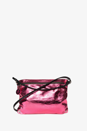 Pink metallic INA KENT crossbody bag with a black strap and top zipper closure against a white background.