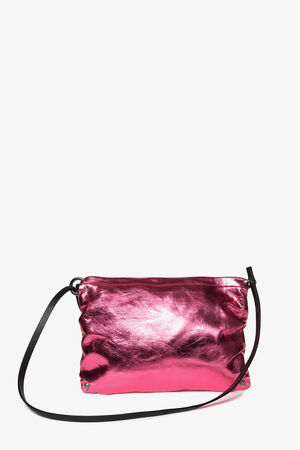A small, shiny pink INA KENT handbag with a black shoulder strap, displayed against a plain white background.