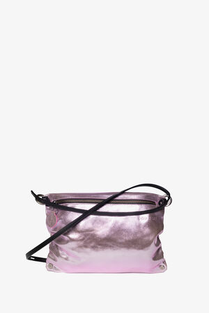 A small, metallic pink crossbody bag from INA KENT with a black strap and zipper closure on a white background.