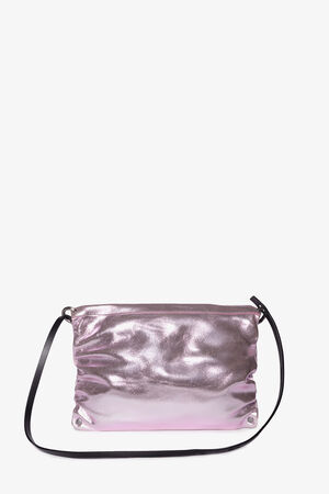 An INA KENT metallic pink shoulder bag with a black strap is shown against a plain white background.