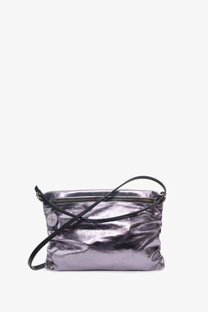 A small, metallic purple crossbody bag by INA KENT with a black strap and a zippered top opening is displayed against a plain white background.