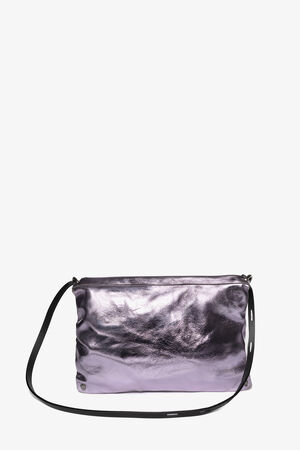 A purple metallic handbag by INA KENT with a black shoulder strap, featuring a simple design and a slightly crinkled texture.