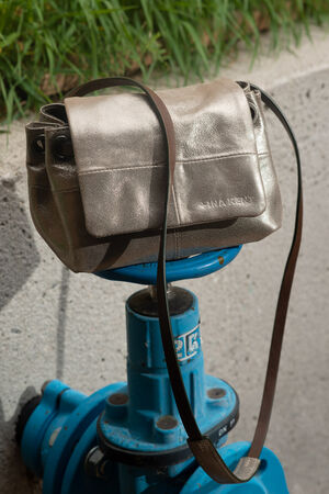 Eine metallisch-silberne INA KENT-Handtasche mit langem Riemen ruht auf einem blauen Außenwasserventil. Im Hintergrund sind Gras und Beton zu sehen.