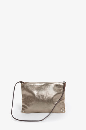 A metallic gold crossbody bag by INA KENT with a simple design, featuring a single shoulder strap and a zipper closure.