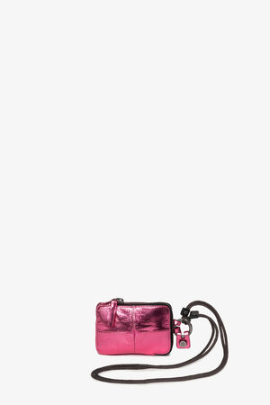 A small, metallic pink crossbody bag by INA KENT with a black strap and zipper closure, displayed against a plain white background.