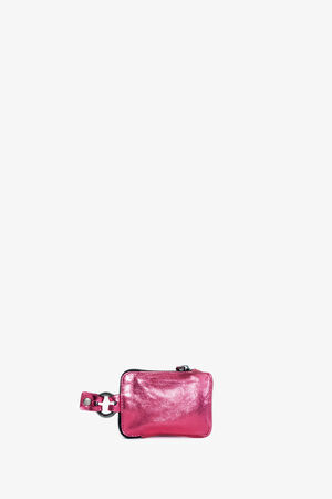 Small, shiny pink wallet with a snap hook clasp, branded with the subtle elegance of INA KENT, against a plain white background.