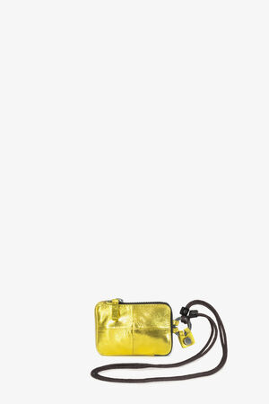 A small, metallic yellow zippered pouch with a black strap and a yellow carabiner attached, crafted in the signature style of INA KENT.