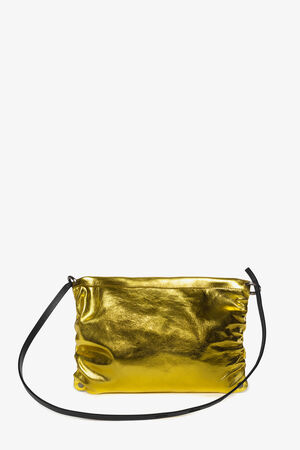 A shiny gold pouch bag with a black strap, crafted by INA KENT, displayed against a plain white background.