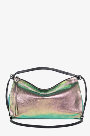 A metallic multicolored handbag by INA KENT with a long black strap, featuring a minimalist design and a smooth, shimmering surface.
