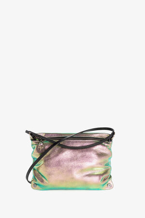 INA KENT iridescent crossbody bag with a shimmering surface, metallic gradient colors, a black strap, and zipper closure.