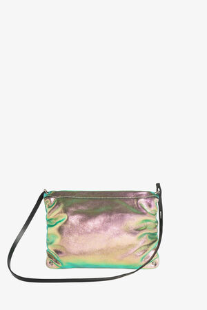 Iridescent clutch bag with a shimmering green and purple finish, featuring a black strap and zipper closure—crafted by INA KENT.