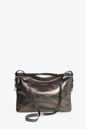 A metallic dark gray crossbody bag by INA KENT with a zip closure, adjustable strap, and minimalistic design.