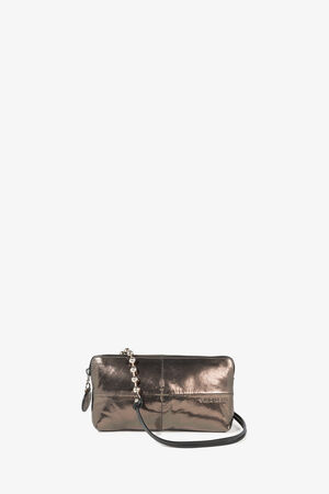 Metallic bronze clutch featuring a beaded chain strap and a small INA KENT tag, set against a pristine white background.