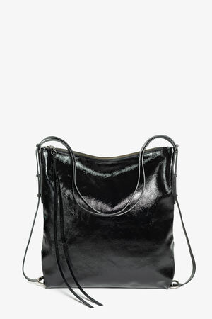 Die schwarze Lederhandtasche INA KENT besticht durch ein glänzendes Finish, zwei Schulterriemen, einen Reißverschluss und schicke Quasten-Akzente.