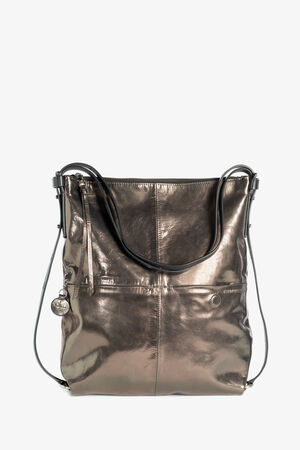 Eine Handtasche aus metallischem Leder von INA KENT mit glänzender Oberfläche, einer Vordertasche mit Reißverschluss und Schulterriemen.