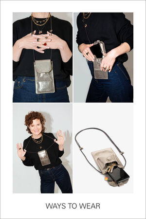 Collage showcasing the versatile INA KENT silver phone pouch: styled as a crossbody, over the shoulder, and on the belt. The fourth image highlights the pouch elegantly holding your phone and essentials.