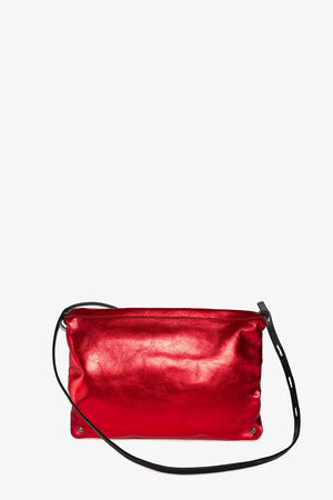 An INA KENT shiny red leather handbag with a sleek black adjustable strap, set against a plain white background.