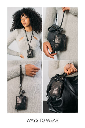 Collage featuring three chic ways to style the INA KENT small black leather pouch: elegantly draped around the neck, fashionably secured on the wrist, or stylishly attached to a larger bag.