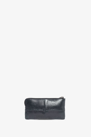 An INA KENT small, rectangular black leather zippered pouch stands out against a crisp white background.