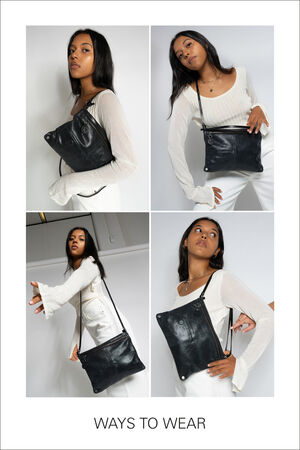 Woman in white outfit demonstrates different ways to wear an INA KENT black leather shoulder bag in four poses. White text below reads "Ways to Wear.