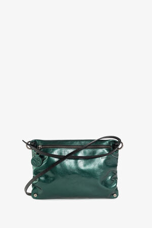 The sleek INA KENT green leather crossbody bag features a slim design with a top zipper closure. Elegantly finished with metal snap buttons on the corners, it includes an adjustable black strap for versatile wear.