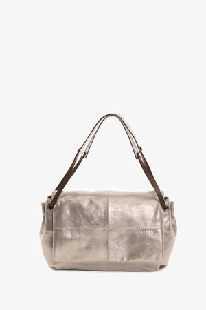 A metallic silver handbag from INA KENT with two dark brown handles on a plain white background. The bag has a rectangular shape and a slightly wrinkled texture.