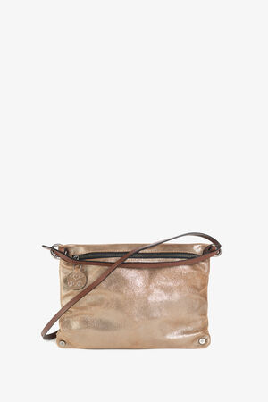 The INA KENT metallic gold crossbody bag features a sleek zipper closure and a thin strap, combining elegance and functionality.