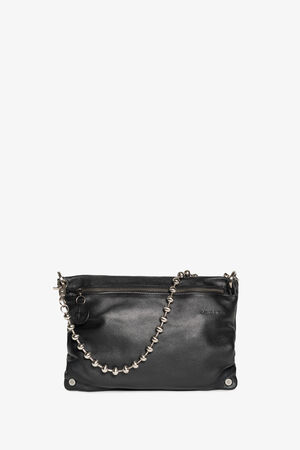 A sleek black leather handbag by INA KENT, complete with a silver chain strap and zipper closure, featuring a small cross charm and discreet brand logo.