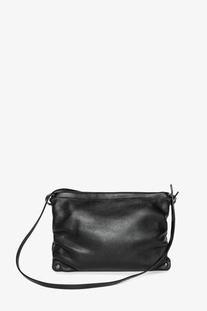 The INA KENT black leather shoulder bag features a long strap, silver buttons, and a soft, textured finish.