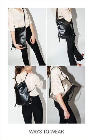 Four images showing different ways to wear the INA KENT AD LIB ed.1 bag, including as a shoulder bag, backpack, and crossbody bag.