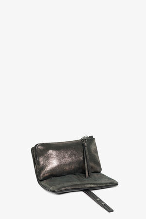 INA KENT CHIEFY ed.1 bag in metallic black leather, opened with visible compartments, against a white background.