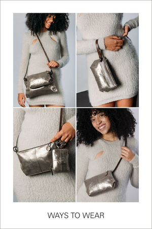 four pictures showing the different ways of carrying an XMOG. For example as a bum bag, shoulder bag or cross body