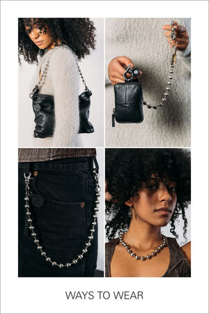 4 pictures of the different ways to wear a BALL`N`CHAIN. whether as an accessory, as a necklace or as its own strap