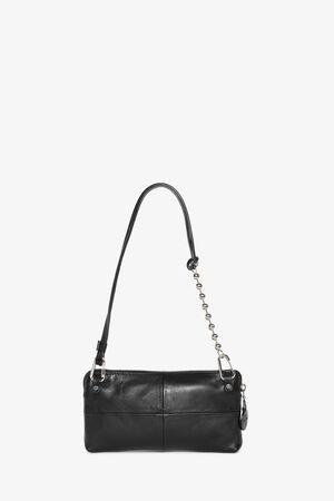  INA KENT IVIET bag in black leather with shoulder strap and chain detail, against a white background.
