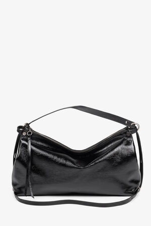 Alt text: “INA KENT DINKUM ed.2 bag in shiny patent leather in the color Ink Black. A medium-sized bag with a slightly structured surface, simple silhouette and detachable shoulder strap, photographed against a neutral background.