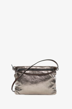 INA KENT Moonlit ed.1 metallic bright anthra (front view with zipper): The bag features a silver zipper and a narrow black leather strap. The metallic bronze-colored surface reflects the light and gives the bag a sophisticated look.