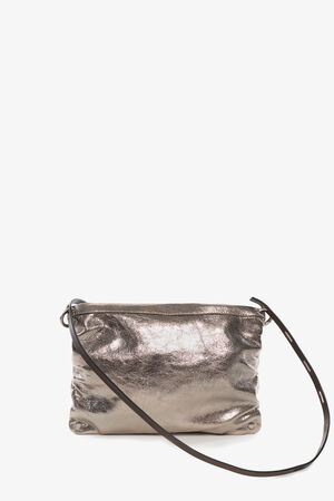 INA KENT Moonlit ed.1 metallic bright anthra (back view): An elegant bag made of metallic bronze-colored leather, simple in design, with a narrow shoulder strap made of black leather. The bag is slightly gathered and has subtle silver details.